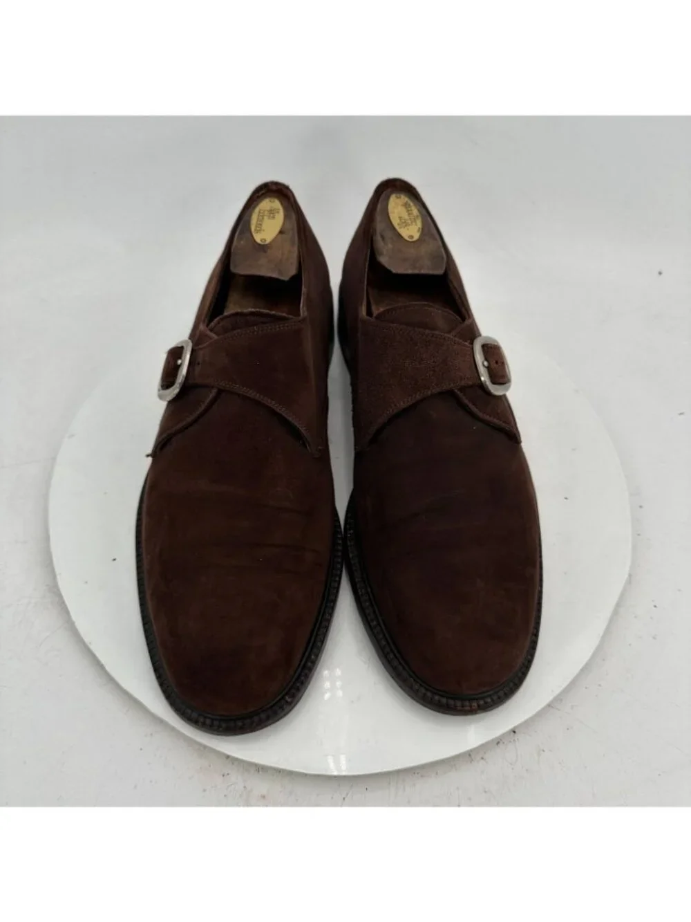 Lottusse Men Size 8.5 Dark Brown Suede Buckle Single Monk Strap Dress Shoes